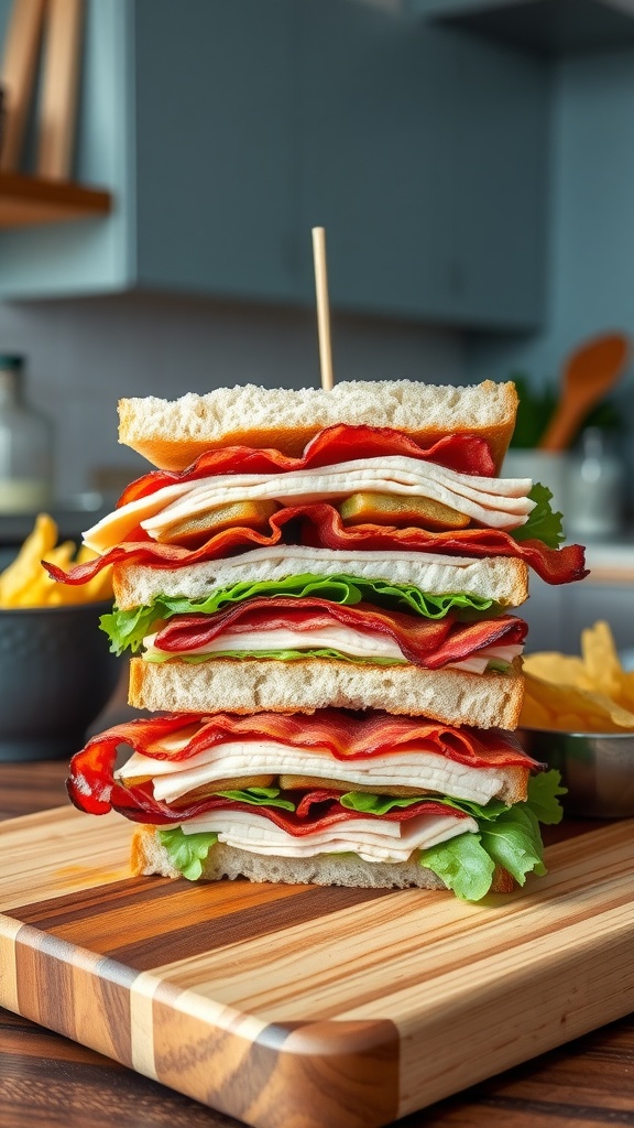 A towering club sandwich with turkey, bacon, lettuce, and tomato on a wooden board, accompanied by chips.